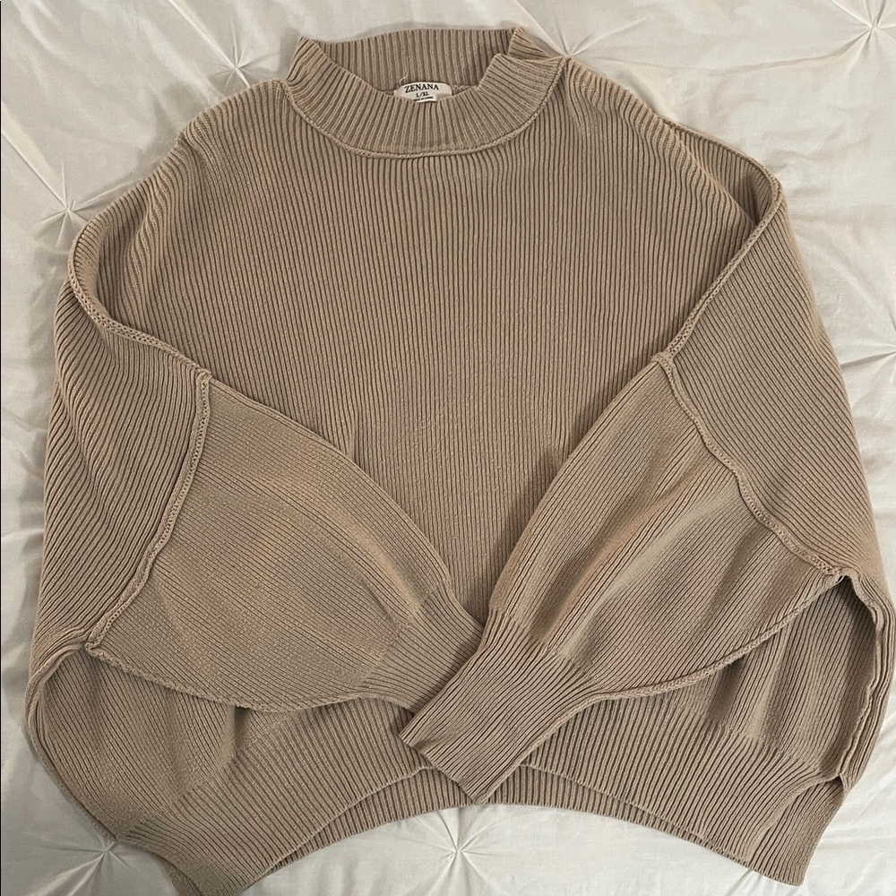 Zenana Outfitters Taupe Ribbed Cowl Neck Sweater